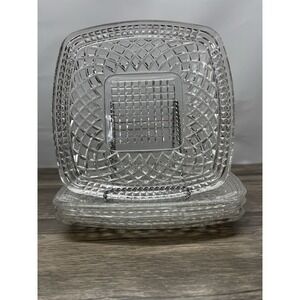 Set of 4 Federal Glass Clear Lattice Square Plates 9" Vintage Pressed USA